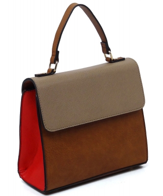 Colorblock Top Handle Satchel AS2770 TAN/TAUPE